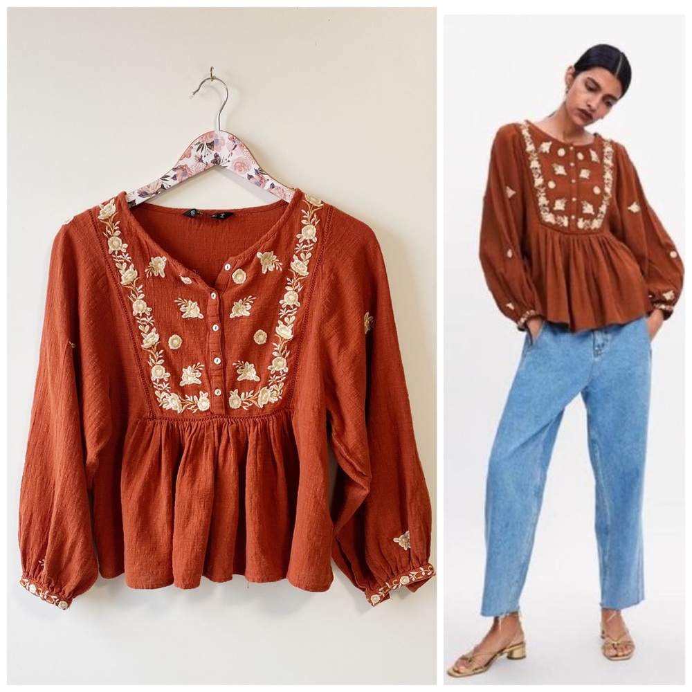 Zara burn orange Embroidered Peasant Blouse